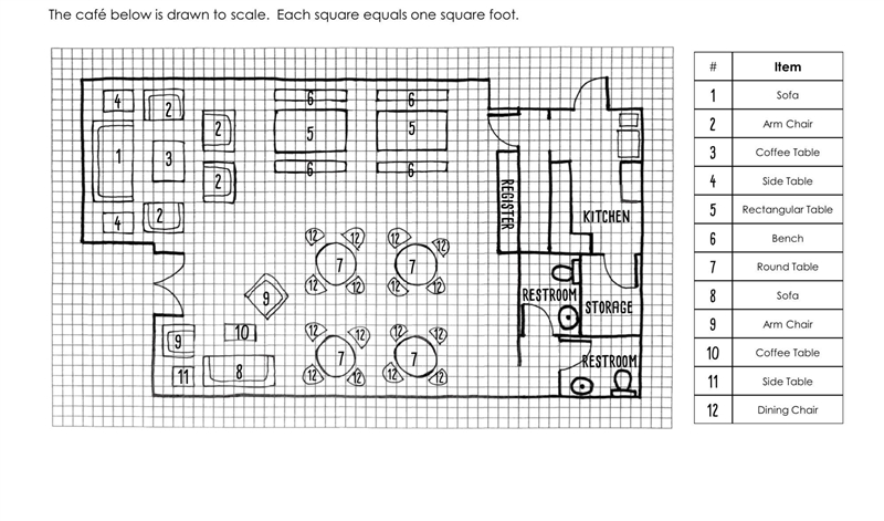 1. What is the diameter of the round tables (7)? 2. What are the dimensions of the-example-1