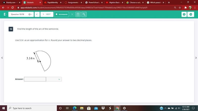 Find the length of the arc of the semicircle. ​ ​Use 3.143.14 as an approximation-example-1