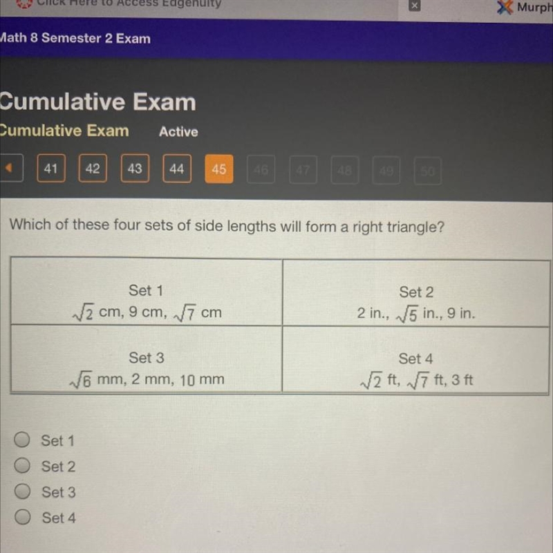 Which of these four sets of side lengths will form a right triangle?-example-1