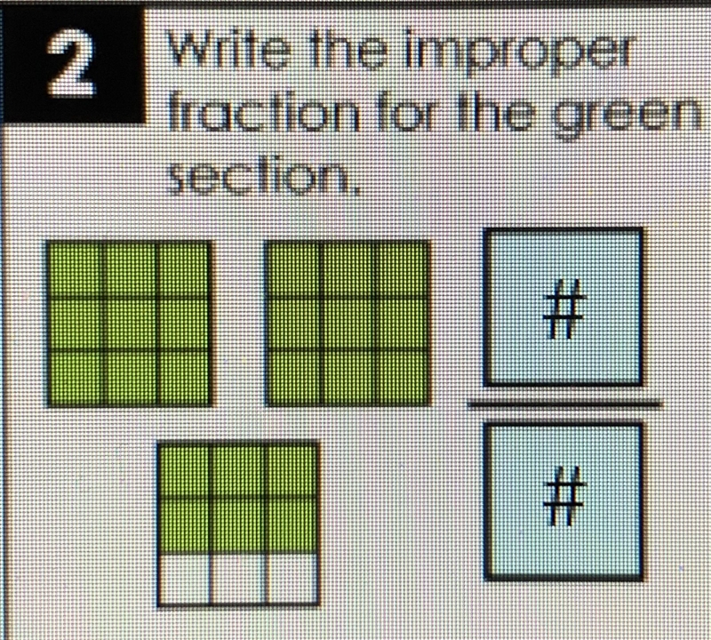 Write the improper fraction for the green section.-example-1