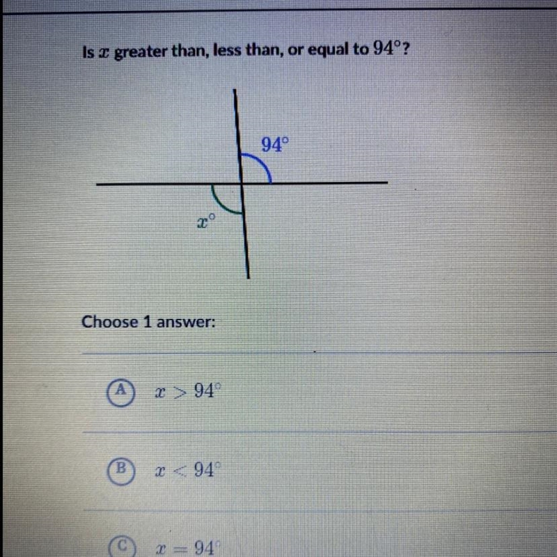 Is x greater than, less than, or equal to 94° ?-example-1