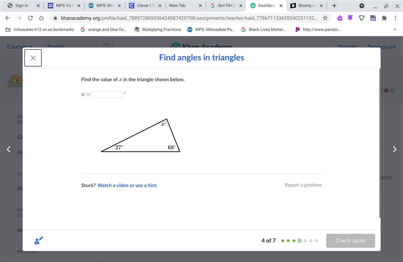 Find the value of x in the triangle shown below. X° 27° 68°-example-1