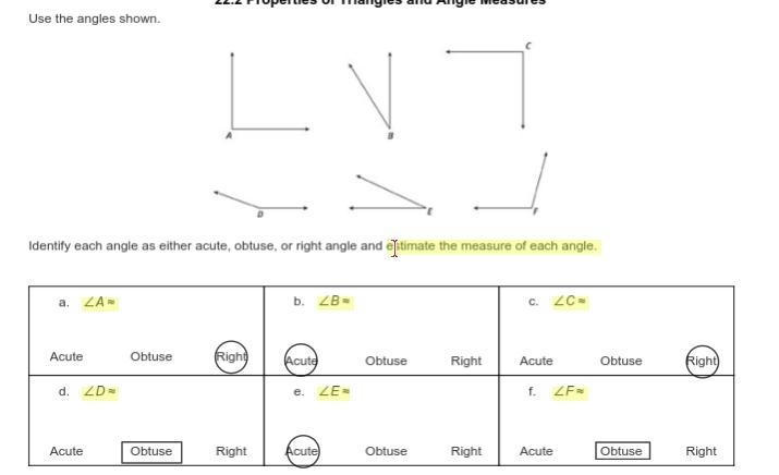 Identify each angle as either acute, obtuse, or right angle and estimate the measure-example-1