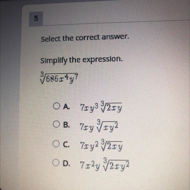 HELP PLS! Simplify the expression. /686x+y ОА. 7туз /2xy Ов. 7ту ту 2 Ос. 7xy2 /2 ху-example-1