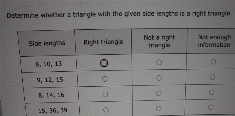 Determine whether a triangle with the given side lengths is a right triangle. Side-example-1