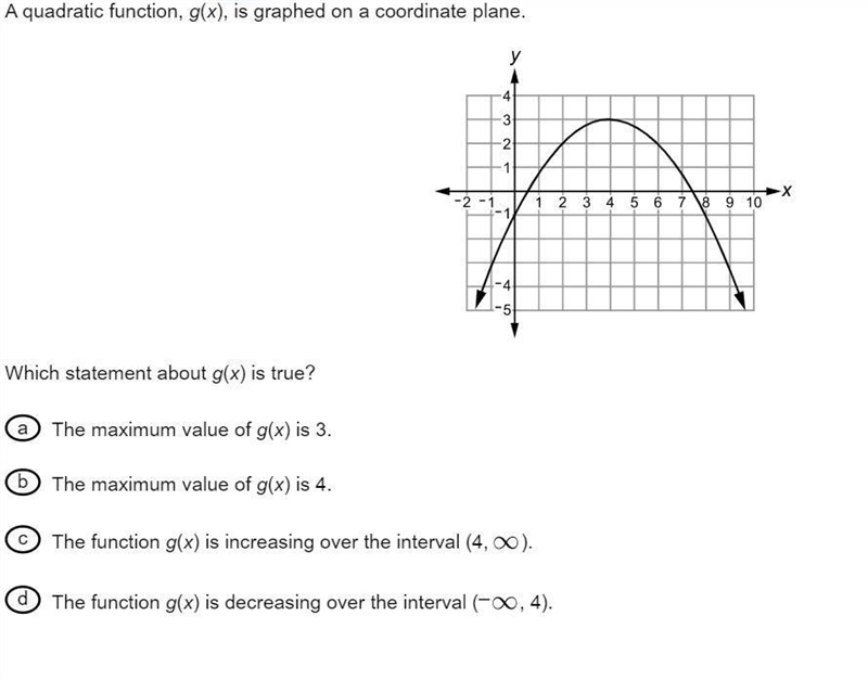 A quadratic function g(x) is graphed on a coordinate plane-example-1