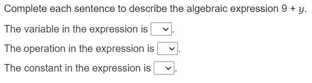 Complete each sentence to describe the algebraic expression 9 + y. The variable in-example-1