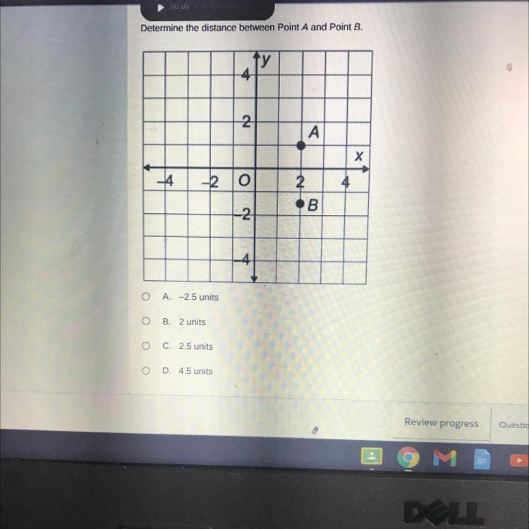 00:00 Determine the distance between Point A and Point B. ту 4 2 A х -4 -2 O 4 2 .B-example-1