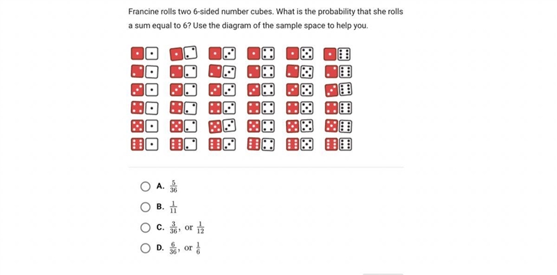 Francine rolls two 6-sided number cubes. What is the probability that she rolls a-example-1