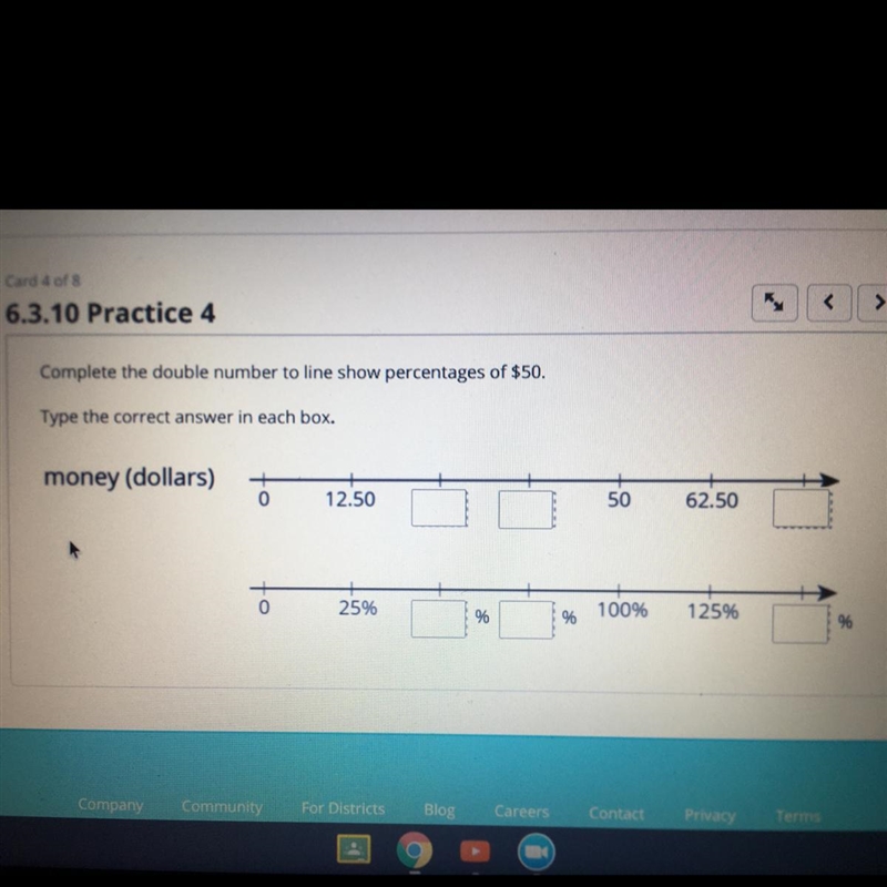 Complete the double number to line show percentages of $50?-example-1