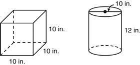 A cylinder with a diameter of 10 inches (in.) and a cube are shown. Which statement-example-1