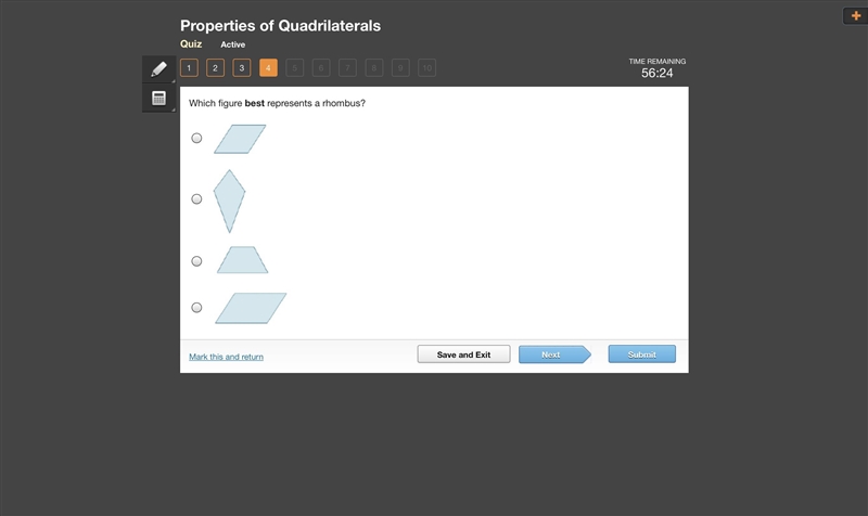 Which figure best represents a rhombus?-example-1