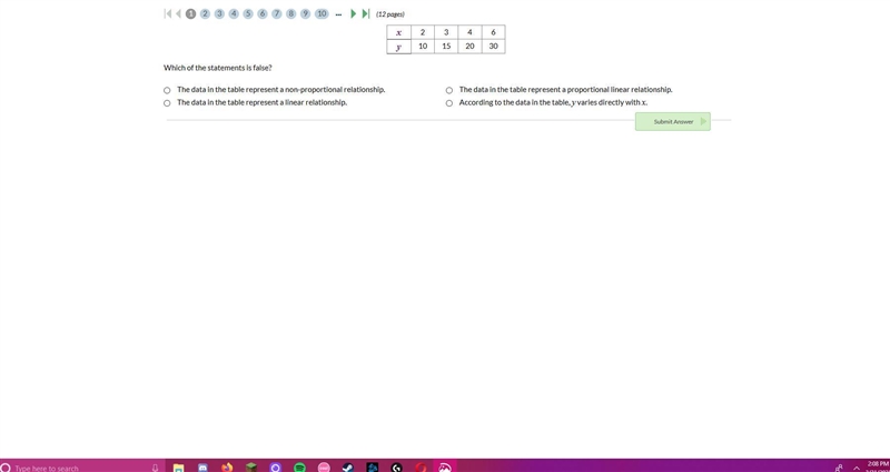 Which of the statements is false?According to the data in the table, y varies directly-example-1