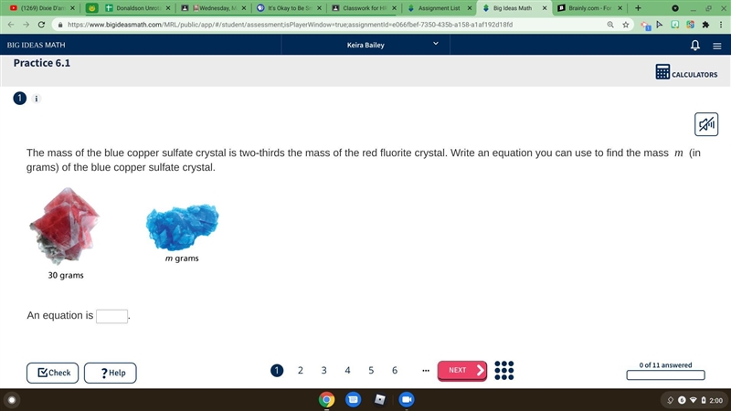 The mass of the blue copper sulfate crystal is two-thirds the mass of the red fluorite-example-1