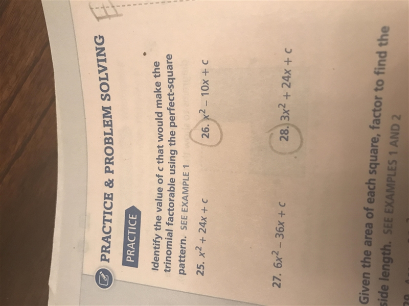 Identify the letter C that would make the trinomial factor able using perfect squares-example-1