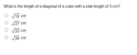 What is the length of a diagonal of a cube with a side length of 3 cm?-example-1