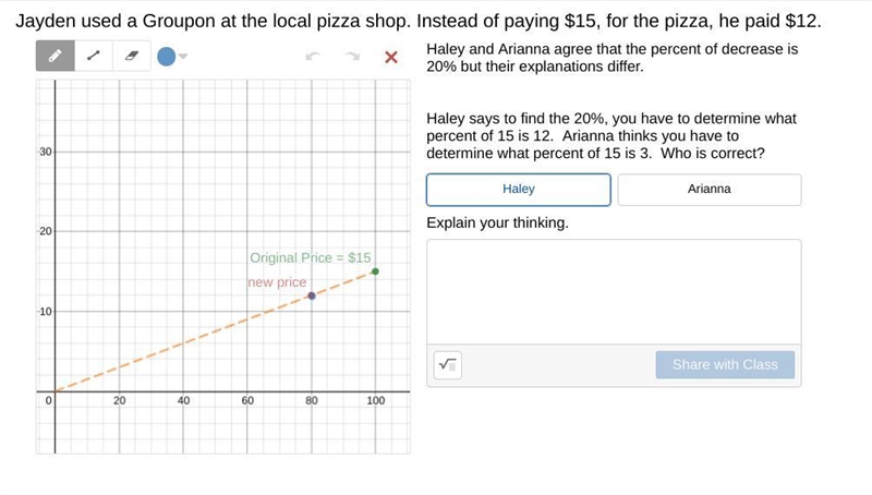 Jayden used a Groupon at the local pizza shop. Instead of paying $15, for the pizza-example-1