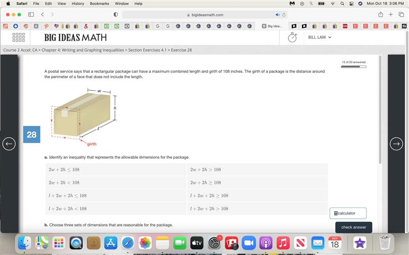 Question 1 A postal service says that a rectangular package can have a maximum combined-example-3