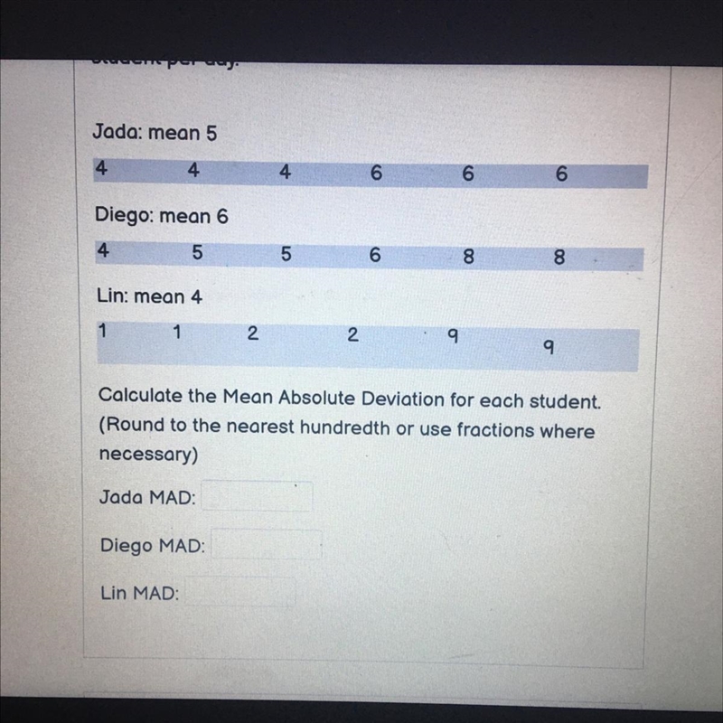 Three data sets show the number of text messages sent by Jada, Diego, and Lin over-example-1