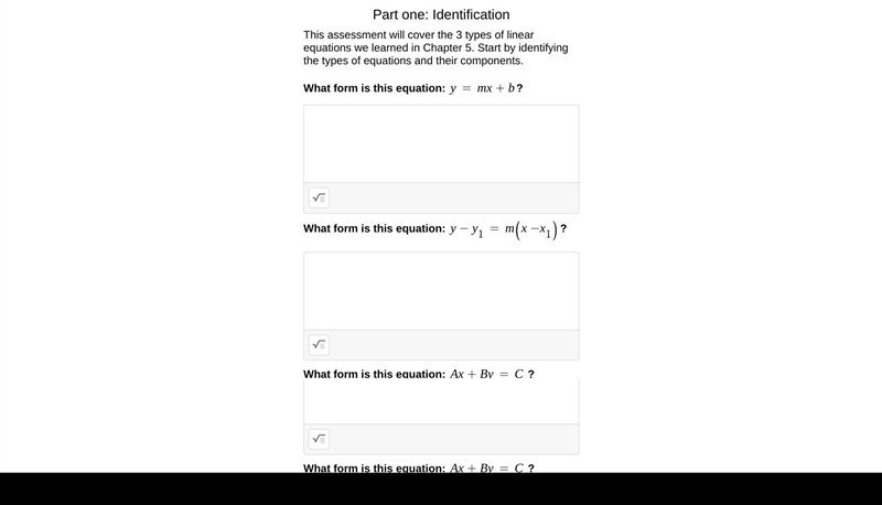 Part one: Identification This assessment will cover the 3 types of linear equations-example-1