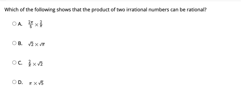 Which of the following shows that the product of two irrational numbers can be rational-example-1