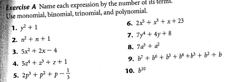 Name each expression by the number of it's terms. Use monomial, binomial, trinomial-example-1