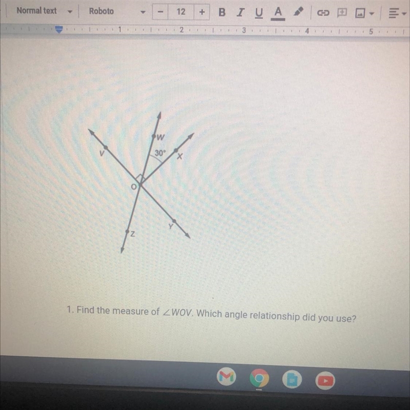 7.2.4 Practice Math 6th grade Find the measure of WOV. Which angle relationship did-example-1