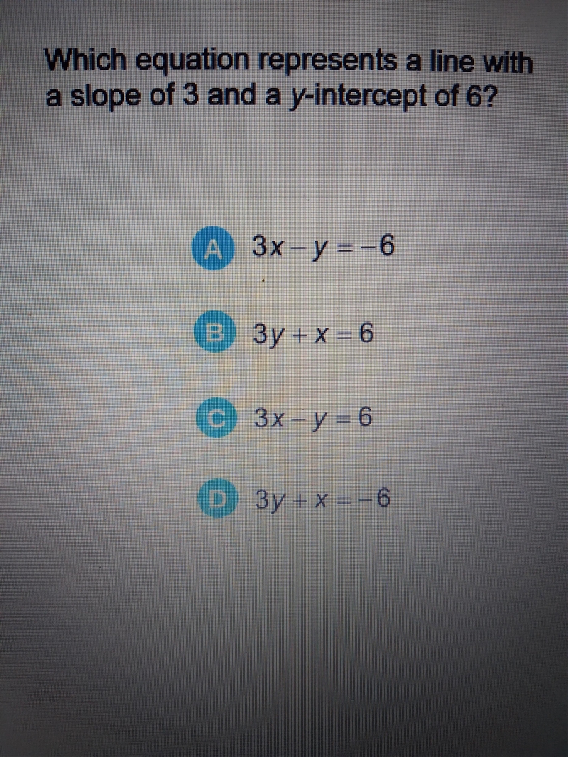 Answer quick please! Which equation represents a line with a slip of three and a y-example-1