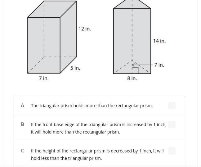 Which two statements about the volumes of the prisms are true?-example-1