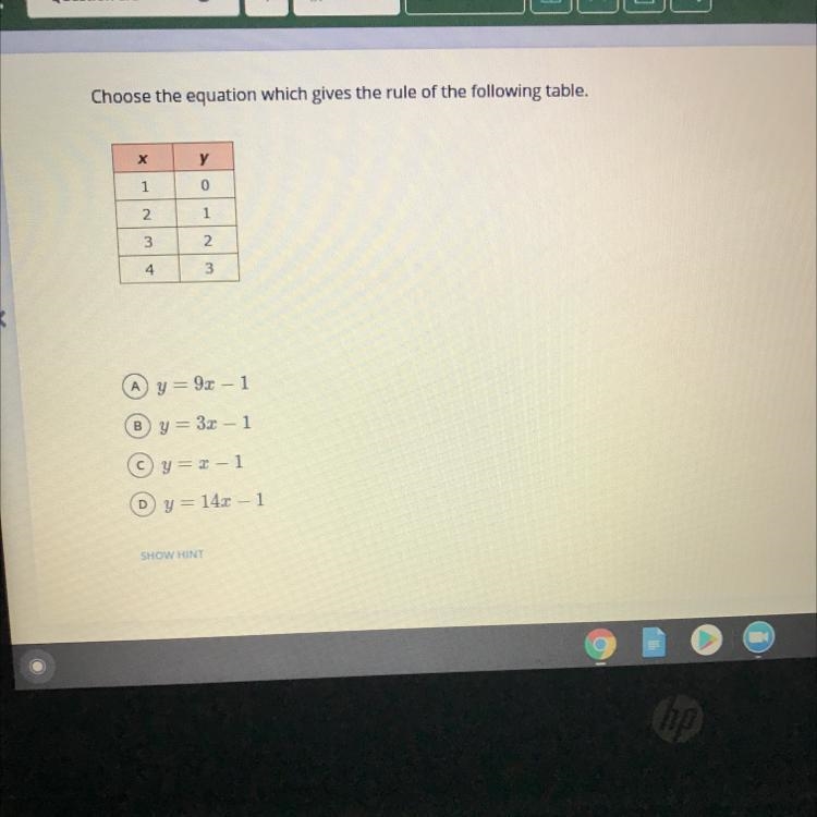 Choose the equation which gives the rule of the following table.-example-1