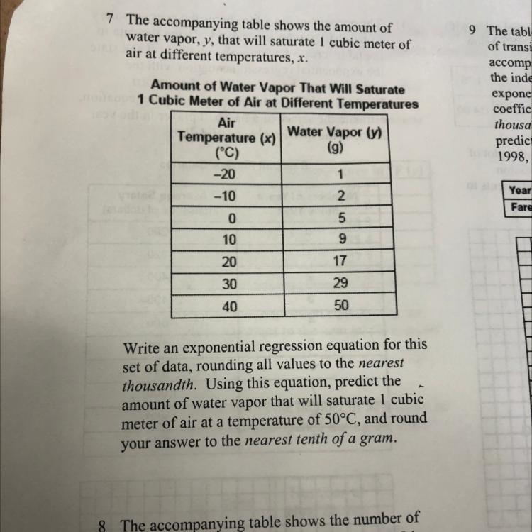 Plss help I need this ASAP The accompanying table shows the amount of water vapor-example-1