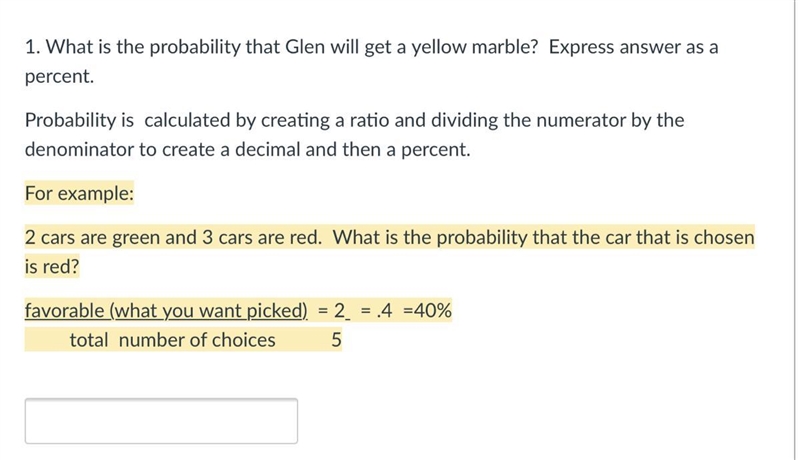 What is the probability that Glen will get a yellow marble?  Express answer as a percent-example-1