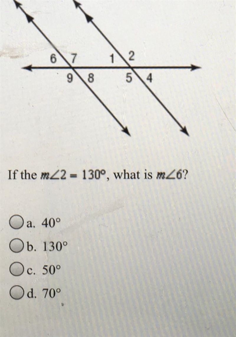 Plssssss Help!!! If angle 2=130 degrees, what is angle 6?-example-1