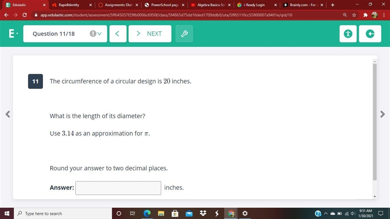 The circumference of a circular design is 2020 inches. ​ ​​What is the length of its-example-1