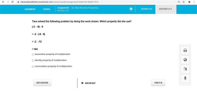 Tara solved the following problem by doing the work shown. Which property did she-example-1