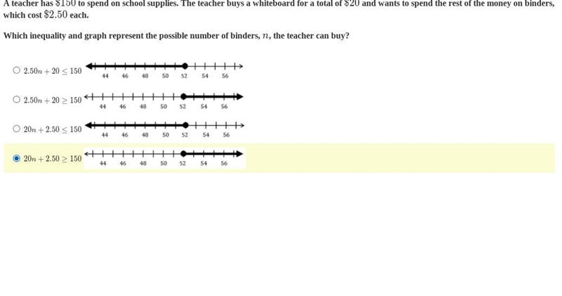 A teacher has $150 to spend on school supplies. The teacher buys a whiteboard for-example-1