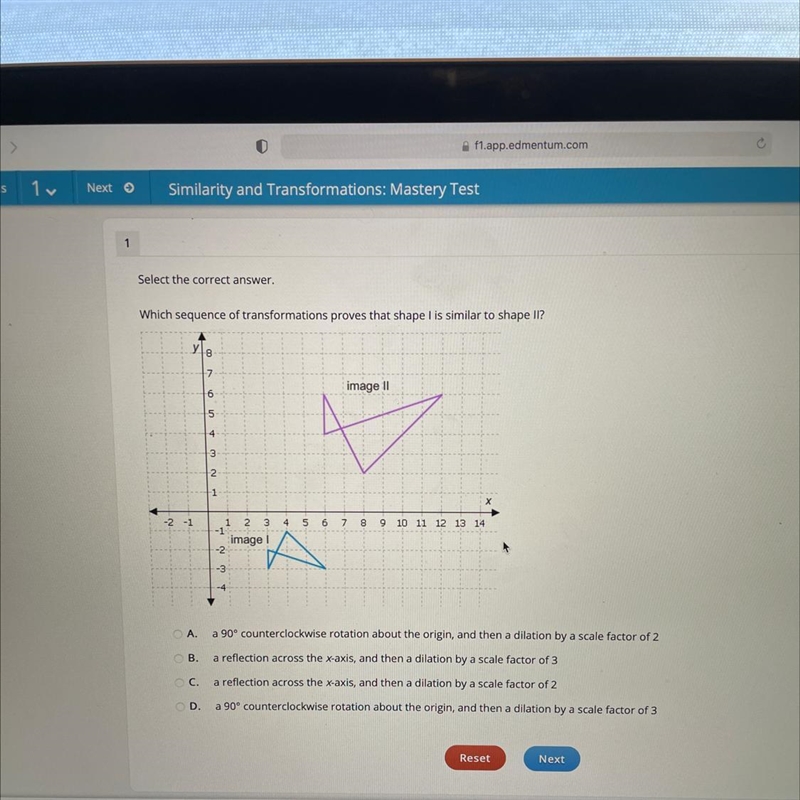 Which sequence of transformations proves that shape one is similar to shape two-example-1