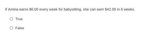 If Amina earns $6.00 every week for babysitting, she can earn $42.00 in 6 weeks. True-example-1