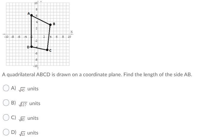 A quadrilateral ABCD is drawn on a coordinate plane. Find the length of the side AB-example-1