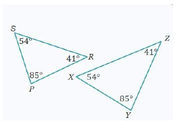 The triangles below are similar. Triangle S R P. Angle S is 54 degrees, R is 41 degrees-example-1