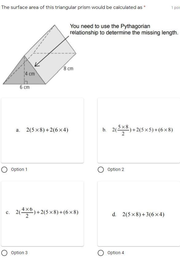 The surface area of this triangular prism would be calculated as-example-1