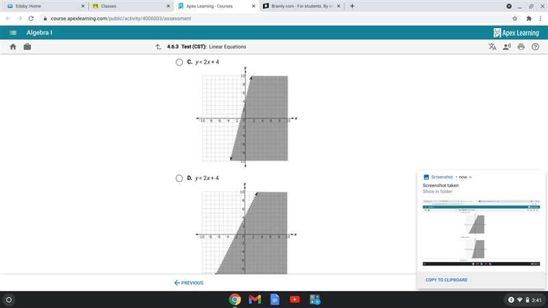 Which answer shows y-3x -x+4, rewritten to isolate y and its graph?-example-1