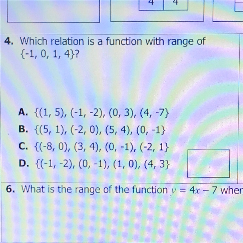 Which relation is a function with range of {-1, 0, 1, 4}? A. {(1, 5), (-1, -2), (0, 3), (4, -7)} B-example-1