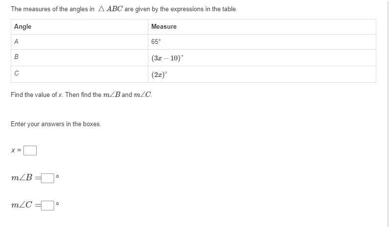 Find the value of x. Then find the m∠B and m∠C.-example-1