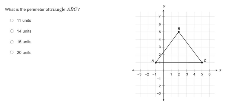 What is the perimeter oftriangle ABC? 11 units 14 units 16 units 20 units-example-1