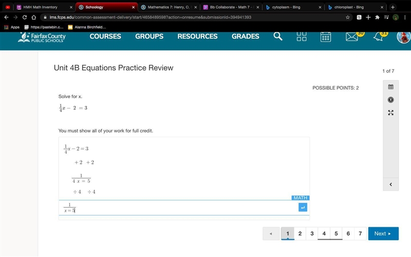 Is this right? Question: 1/4 x− 2 =3 what is x?-example-1