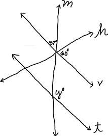 Lines v and t are parallel, and are cut by transversals m and h. What is the degree-example-1