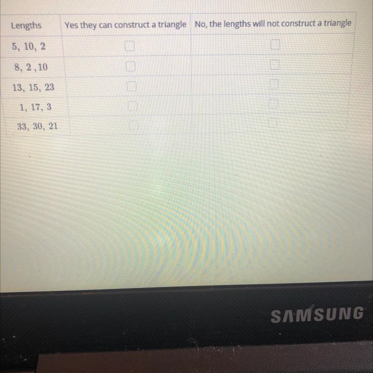 Determine if the three lengths given will be able to construct a triangle or not.-example-1