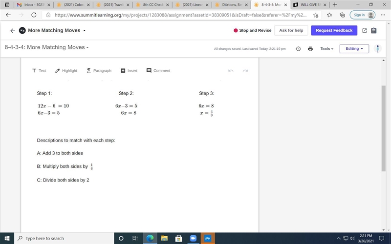 Match these equation balancing steps with the description of what was done in each-example-1