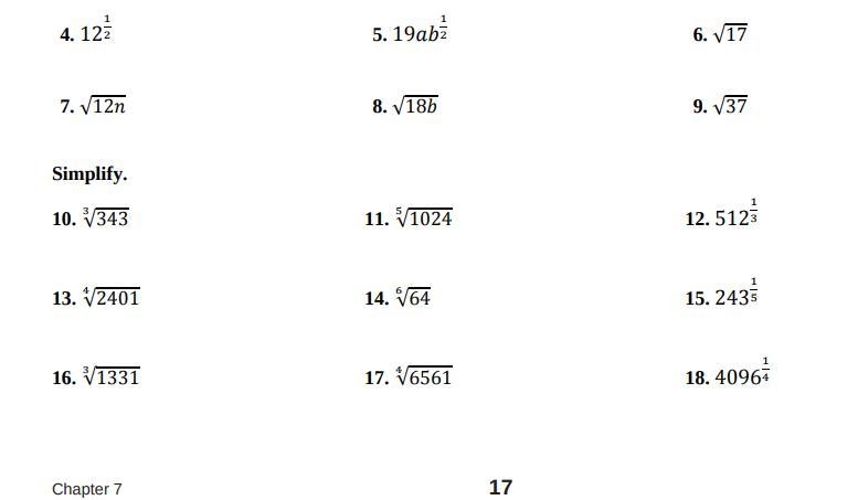 Simplify the radicals: do 10- 18, no need to show work if you usually do, thank you-example-1